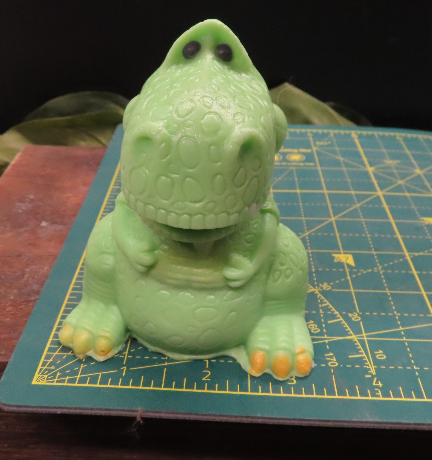 This soap is bulky, 3.25 inches wide. Handmade T-rex goat milk soap.