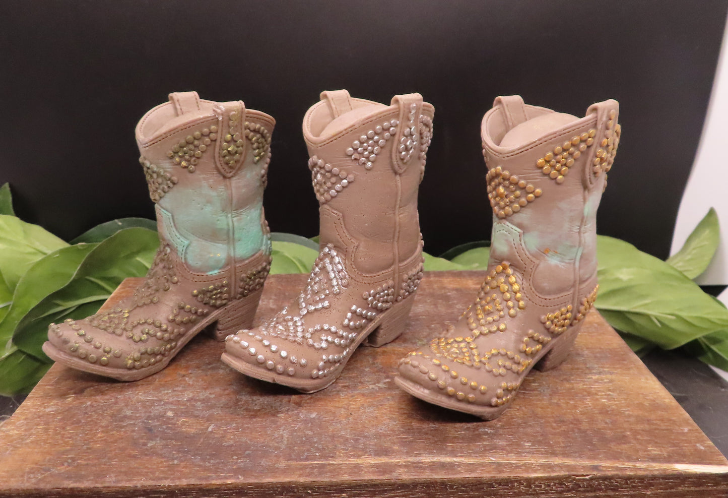 3 brown color options of handmade goat milk soap cowboy boot