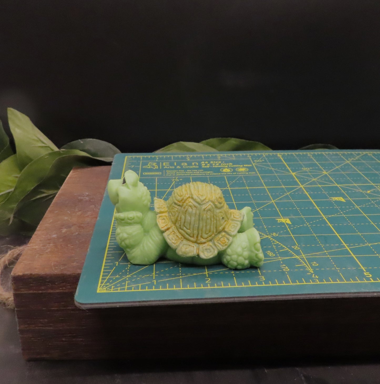 Handmade happy turtle goat milk soap is in inches long.