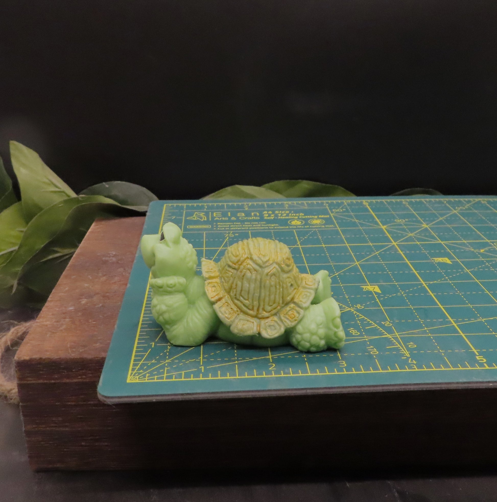 Handmade happy turtle goat milk soap is in inches long.