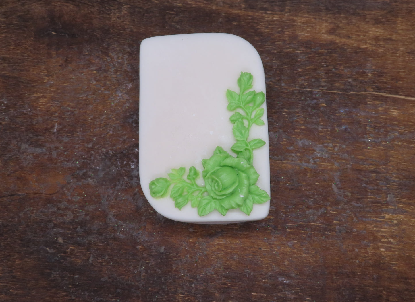 green rose on white bar handmade goat milk soap