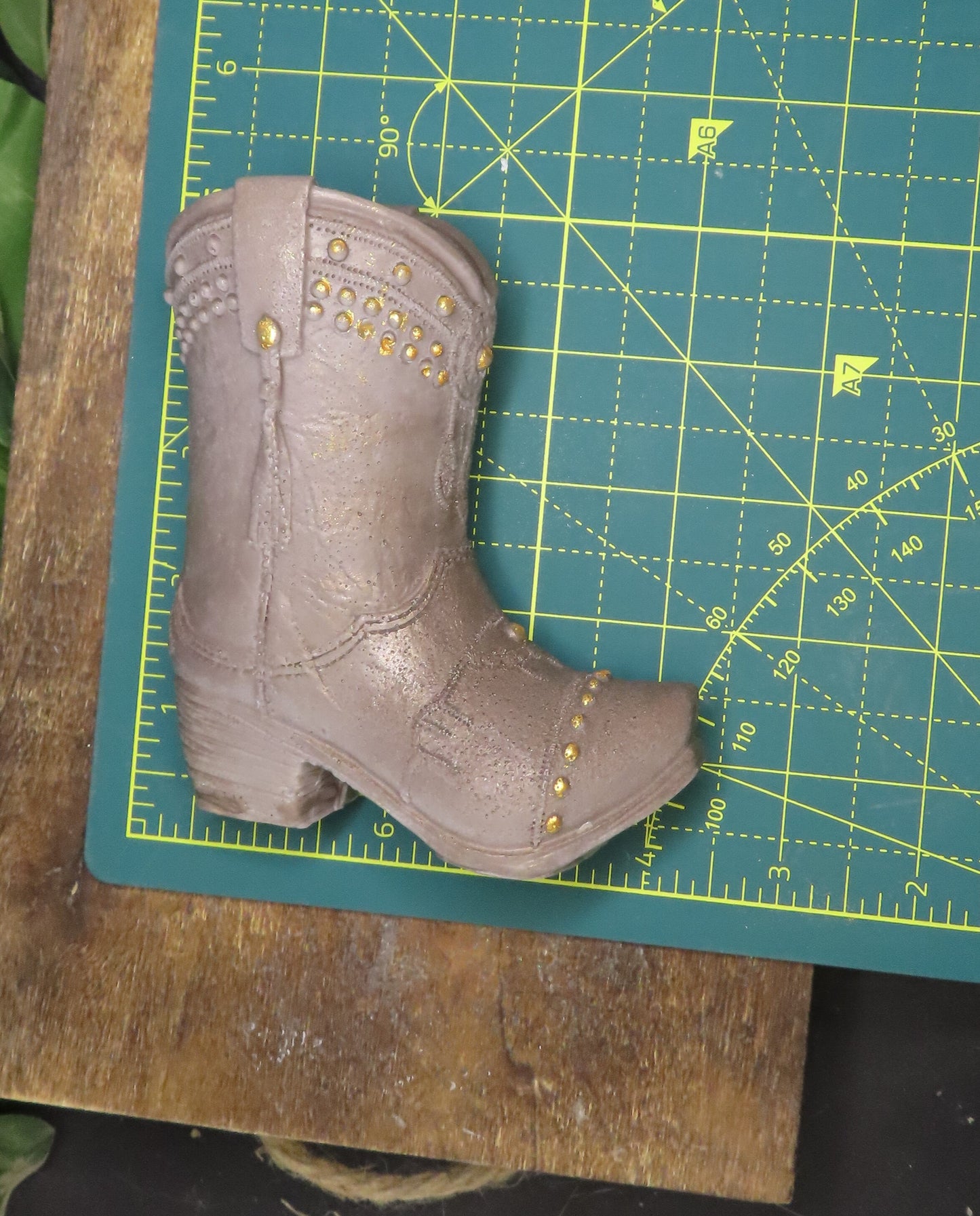 Handmade goat milk soap cowboy boot, 5 inches by 4.75 inches