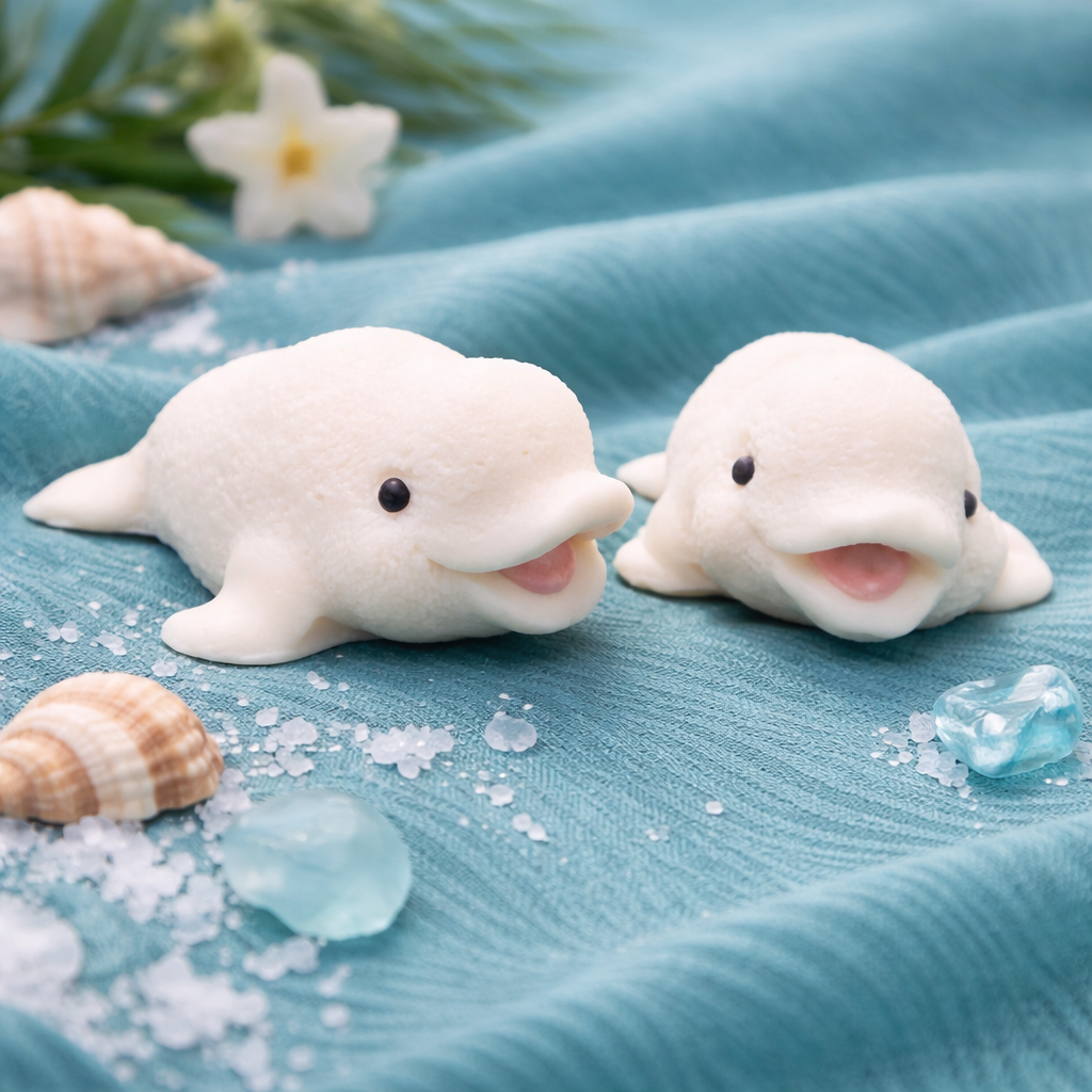 2 handmade beluga whale shaped goat milk soap bars on a teal tapestry