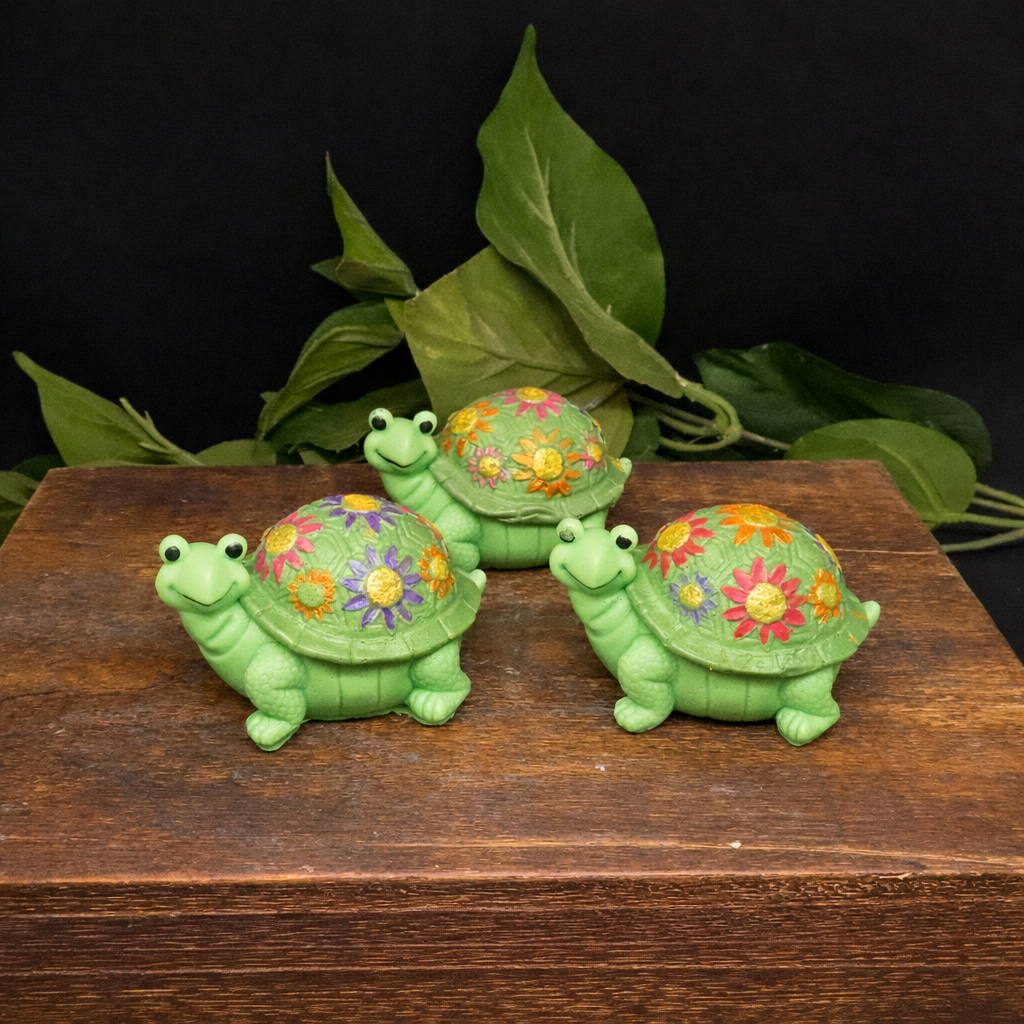 3 blooming turtle goat milk soap with hand-painted floral shell on neutral background
