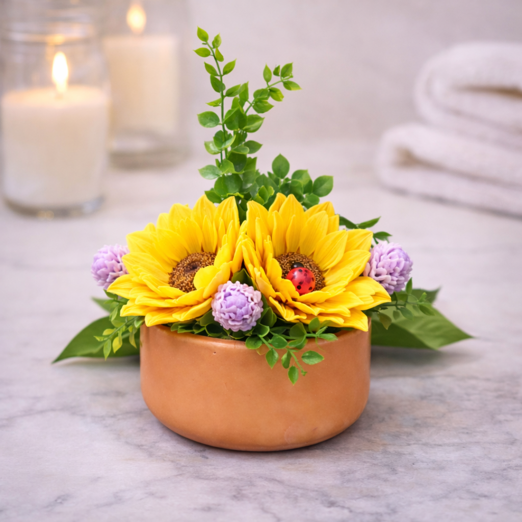 Bright sunflower soap arrangement made from moisturizing goat milk soap, perfect as a handmade gift, housewarming decor or spring display.
