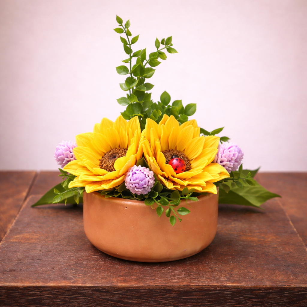 Close-up of artisan sunflower soap flowers crafted from goat milk soap, arranged in a pot with clover blooms and playful ladybug accent.