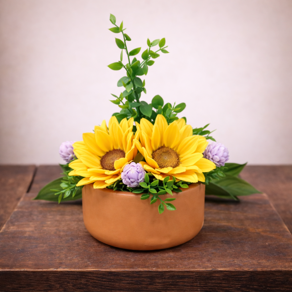 Decorative floral soap arrangement made from handmade goat milk soap, styled like a sunflower bouquet with realistic petals and vibrant colors.