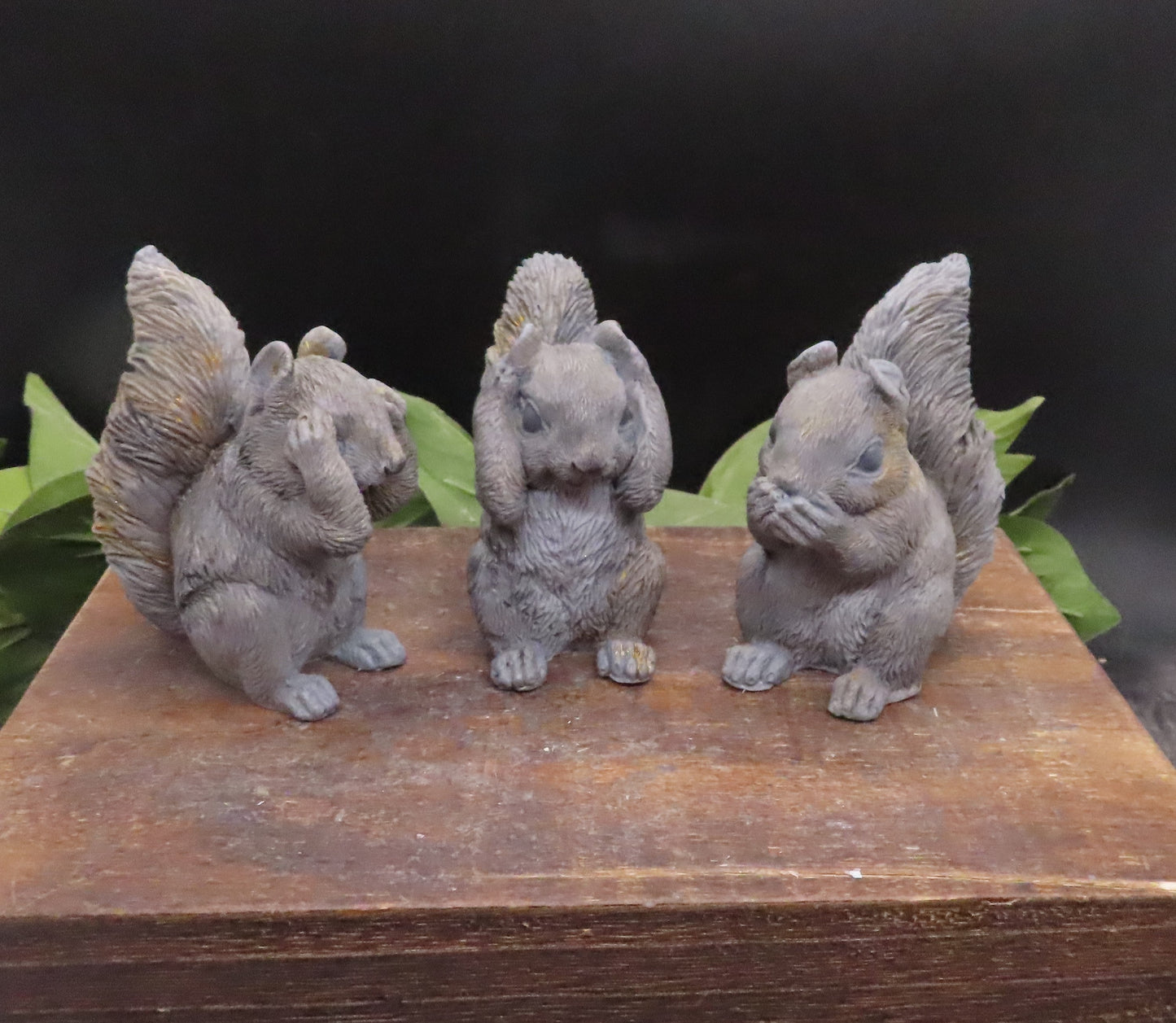 Decorative gray squirrel animal soaps made from goat milk soap, arranged as a three-piece set for gift or bathroom display.