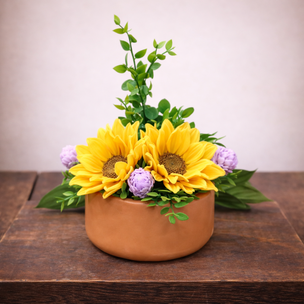 Flower bouquet style goat milk soap set with sunflower soaps, clover flowers and soap pot, designed as functional decorative bath art.