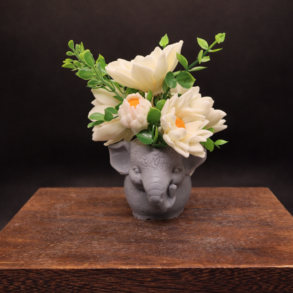 Front view daisies in elephant pot handmade goat milk soap set unique gift