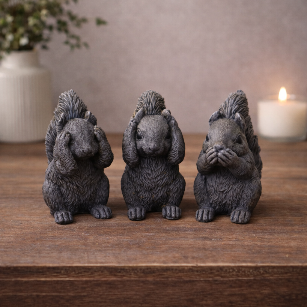 Gray squirrel goat milk soap set featuring three handmade squirrel soaps posed in see, hear, speak positions on a rustic tabletop.