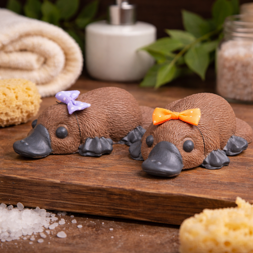 Handcrafted platypus goat milk soap styled in lifestyle setting, whimsical decorative animal soap gift