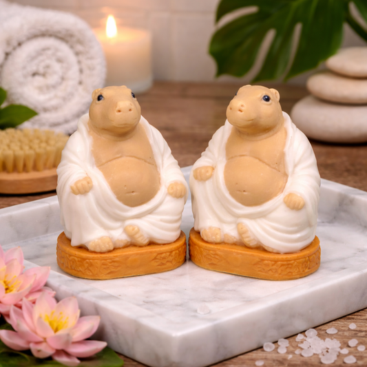  Handmade Goat Milk Budda Capybara soaps sitting on a marble slab