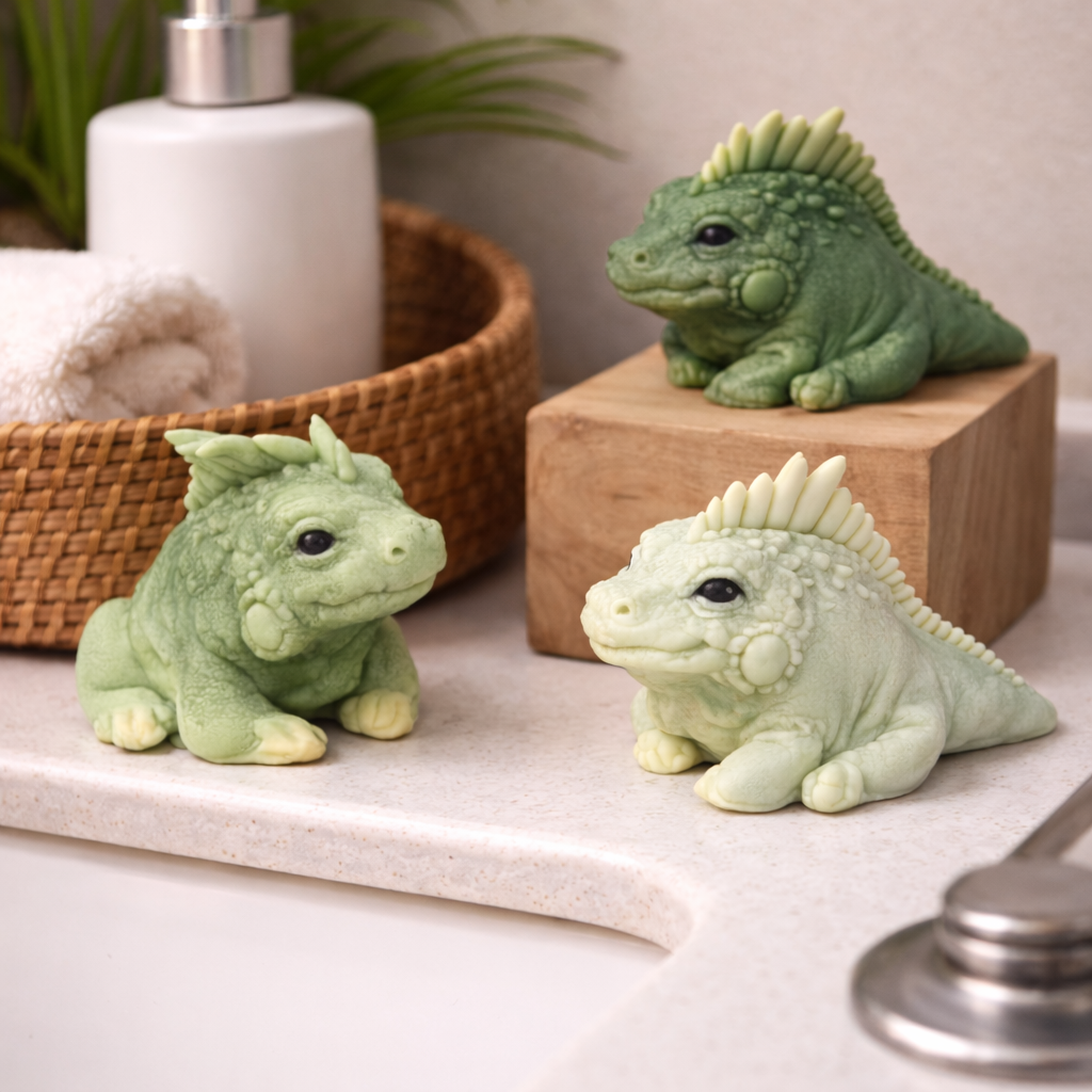 Handmade iguana-shaped goat milk soaps displayed on a bathroom sink and wooden riser with towels and greenery for a spa-inspired lifestyle scene.