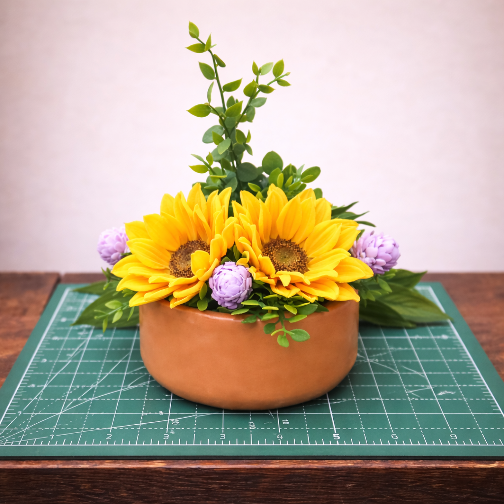 Handmade sunflower goat milk soap arrangement displayed on a green cutting mat to show approximate size and scale of the floral soap set.