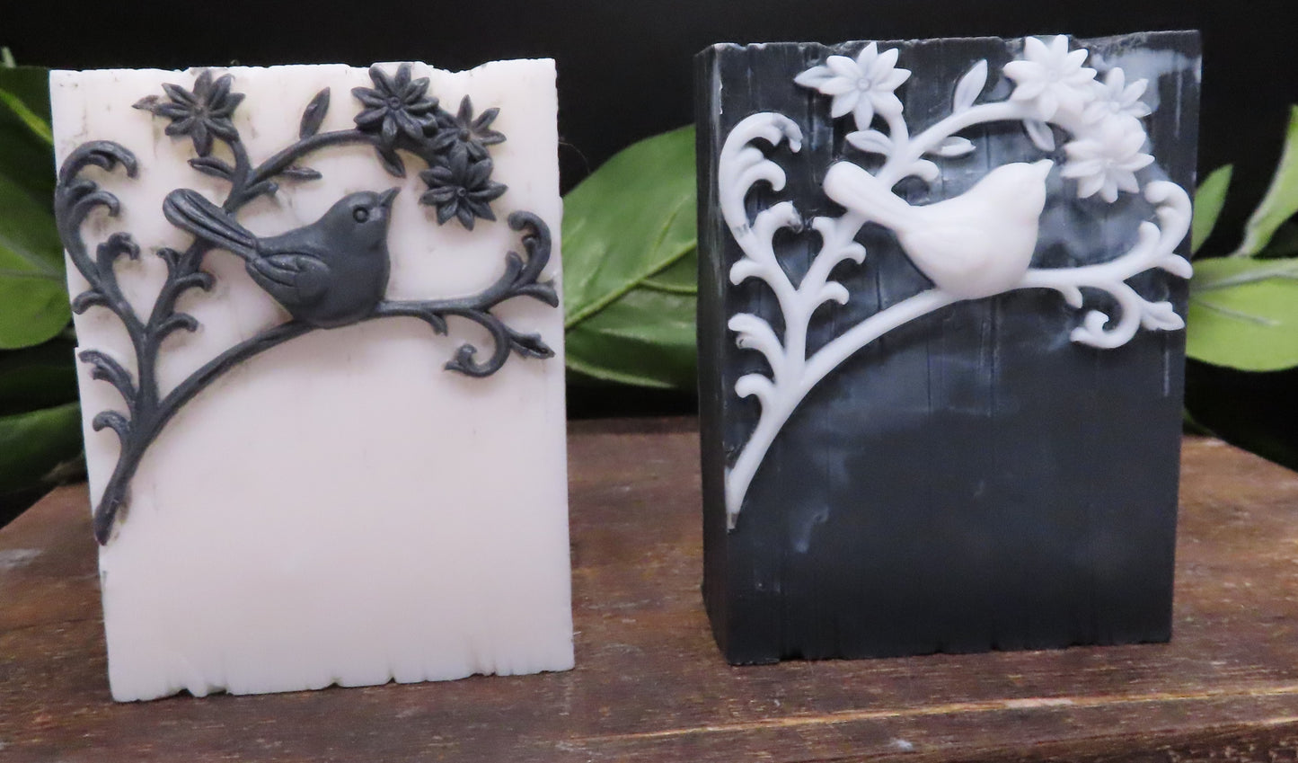 black variations of handmade bird goat milk soap.  Black details on white bar, white details on black bar.  This is simply the coolest color option.