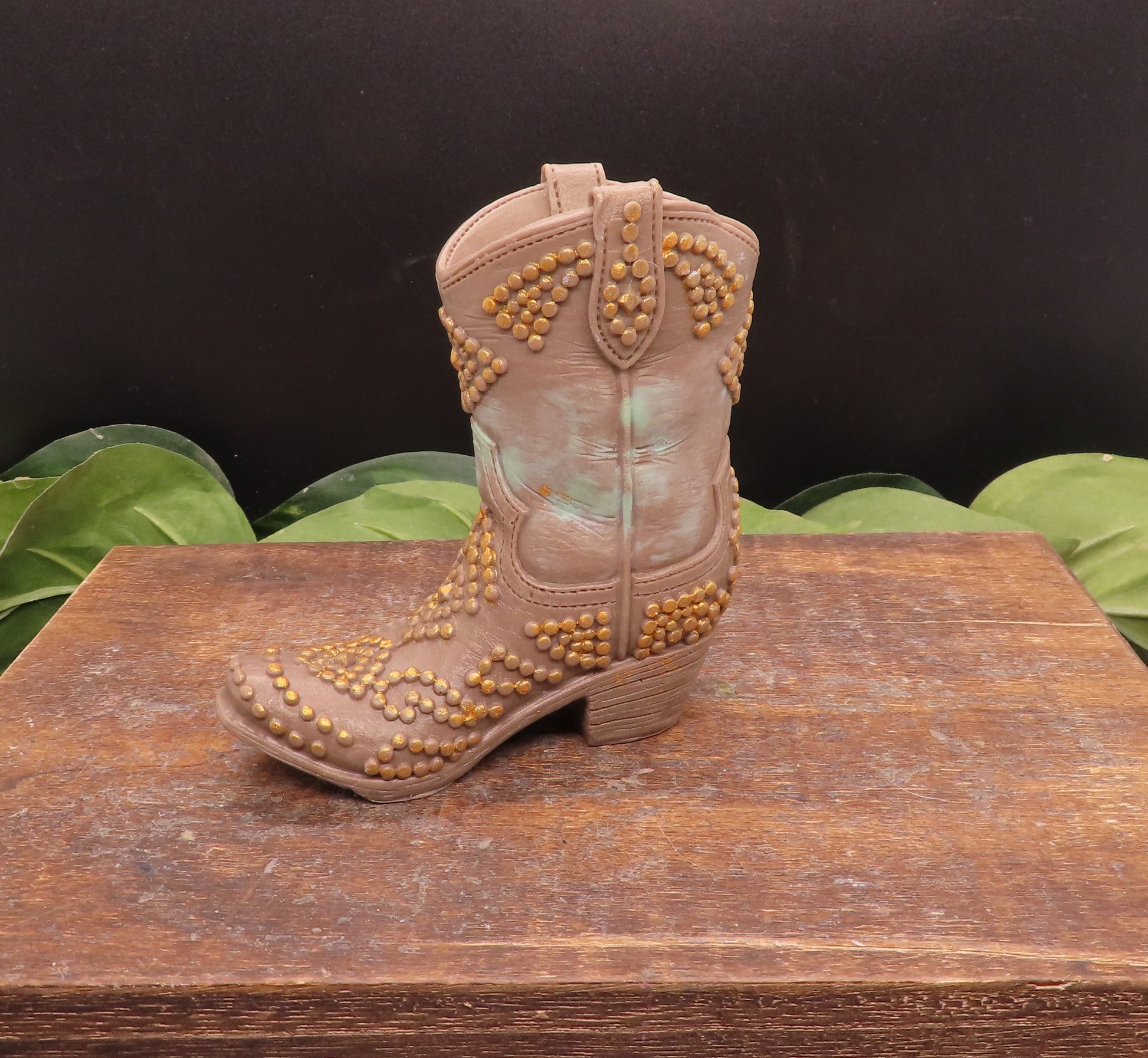 Brown cowboy boot, patina upper and gold fittings handmage goat milk soap