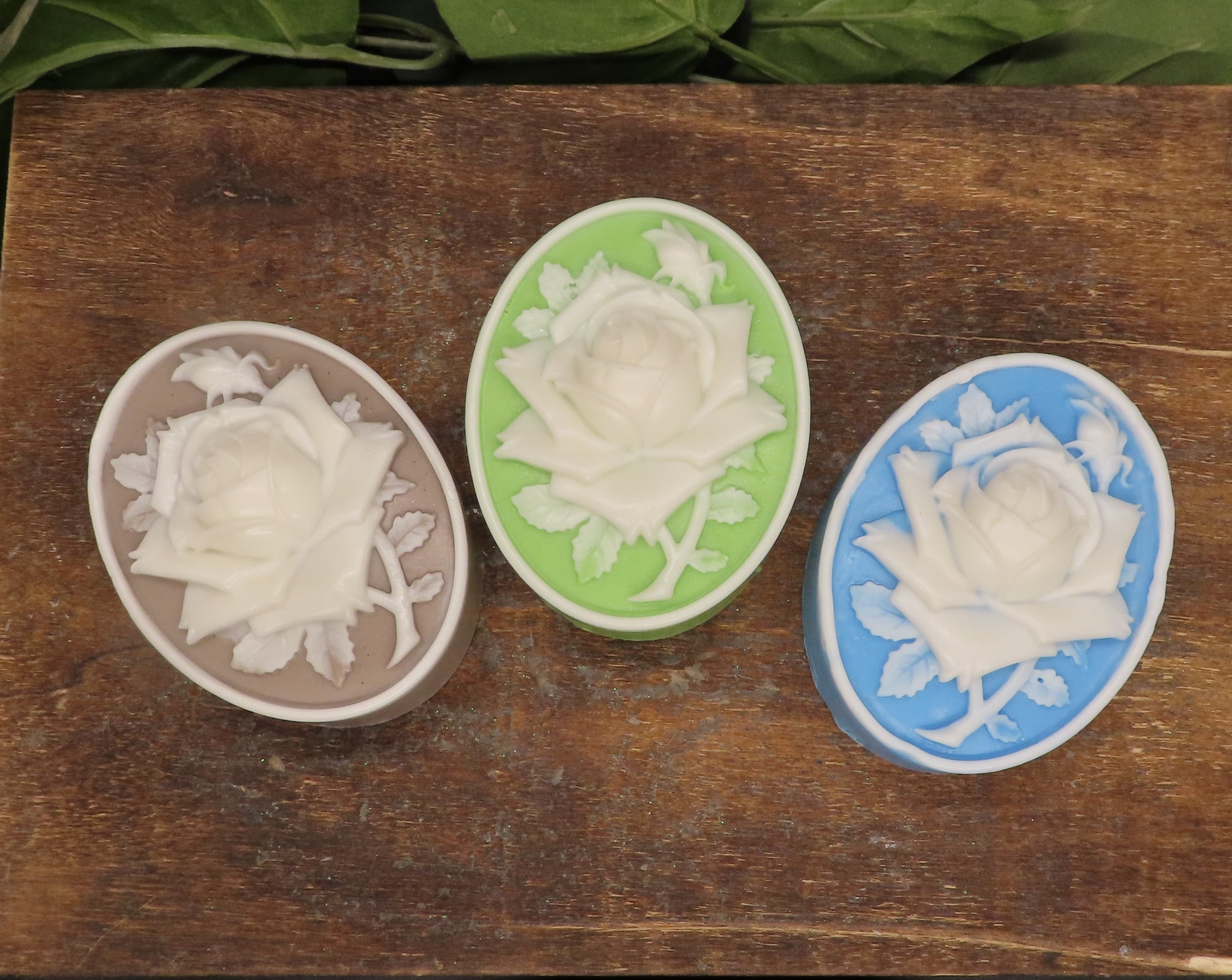 Brown, green and blue rose cameo goat milk soaps