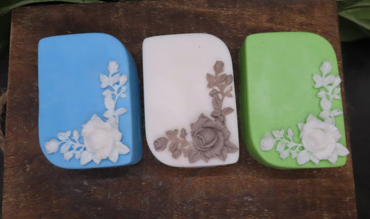 3 color options shown of rose goat milk soap
