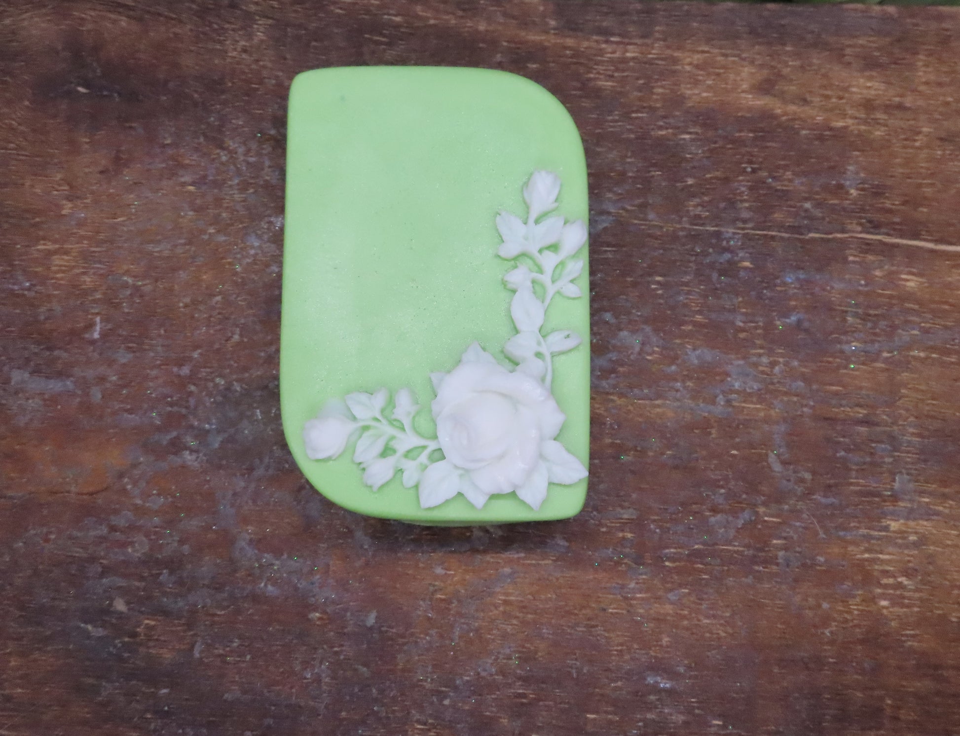white rose on green bar handmade soap