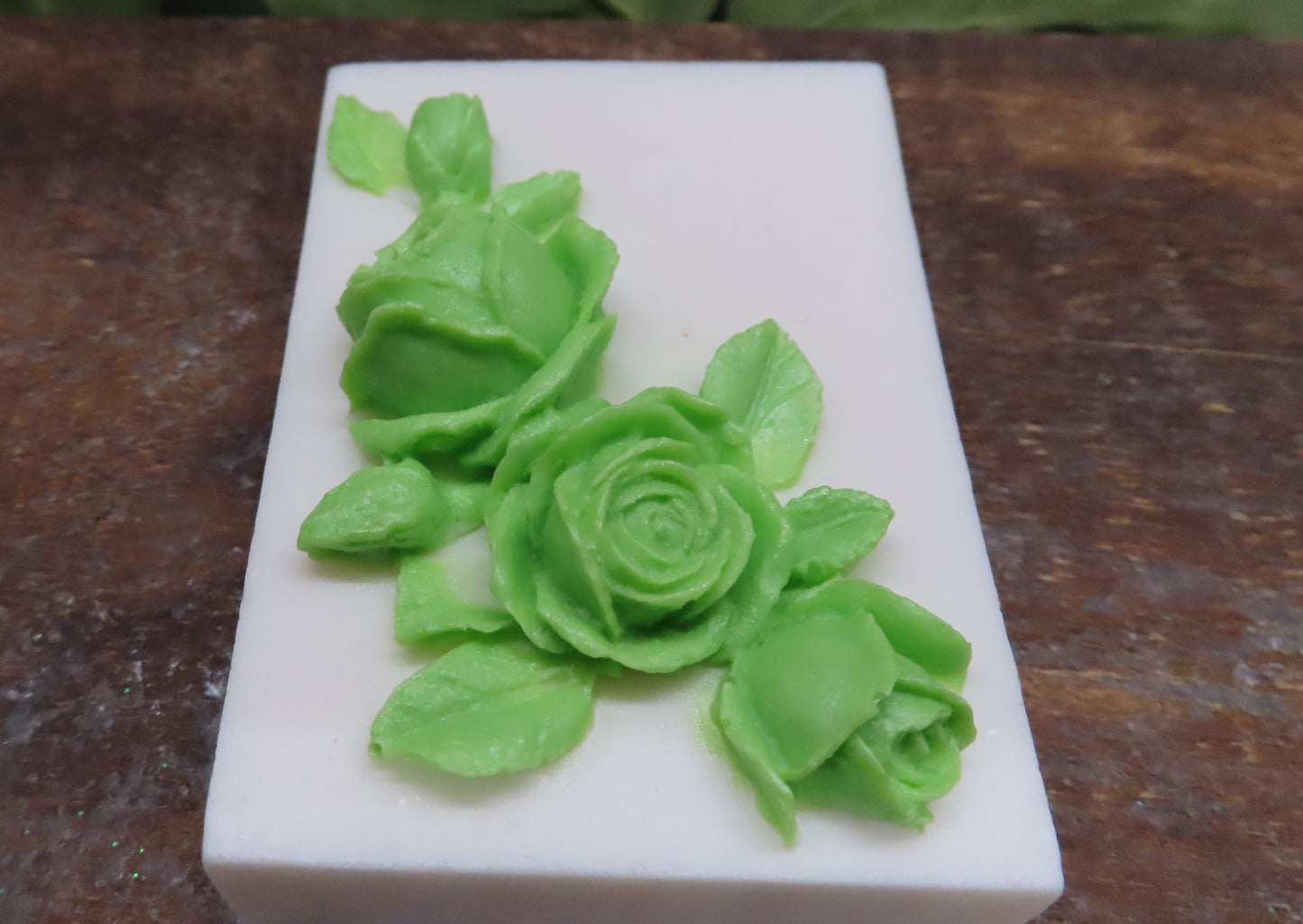 close up of the rose on handmade rose goat milk soap