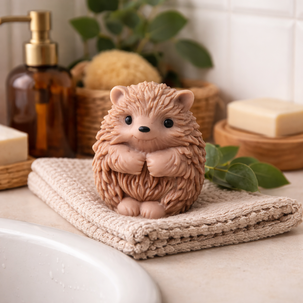 Large handmade hedgehog goat milk soap displayed on a bathroom sink with warm natural light, styled as a whimsical woodland decor accent and functional art soap.