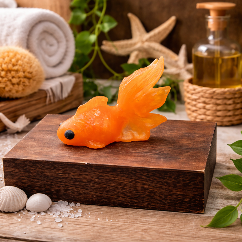 Orange goldfish glycerin soap bar, individually handcrafted fish-shaped novelty soap styled as bathroom décor on a rustic wood platform.