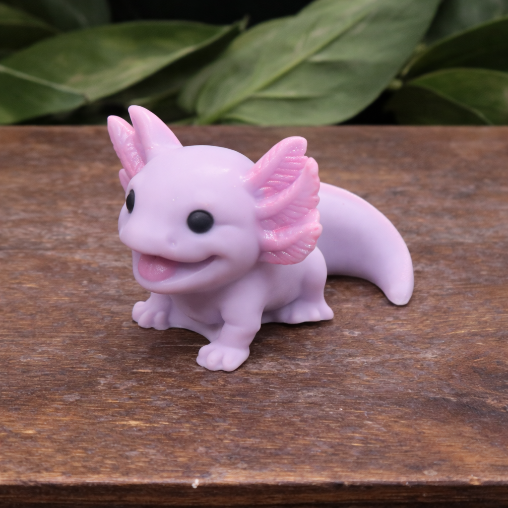 Pink axolotl goat milk soap keepsake gift, individually handcrafted collectible animal soap displayed on a wooden box with natural greenery.