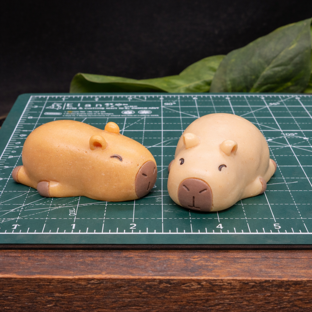 Sleepy capybara soap bars on cutting mat for size reference