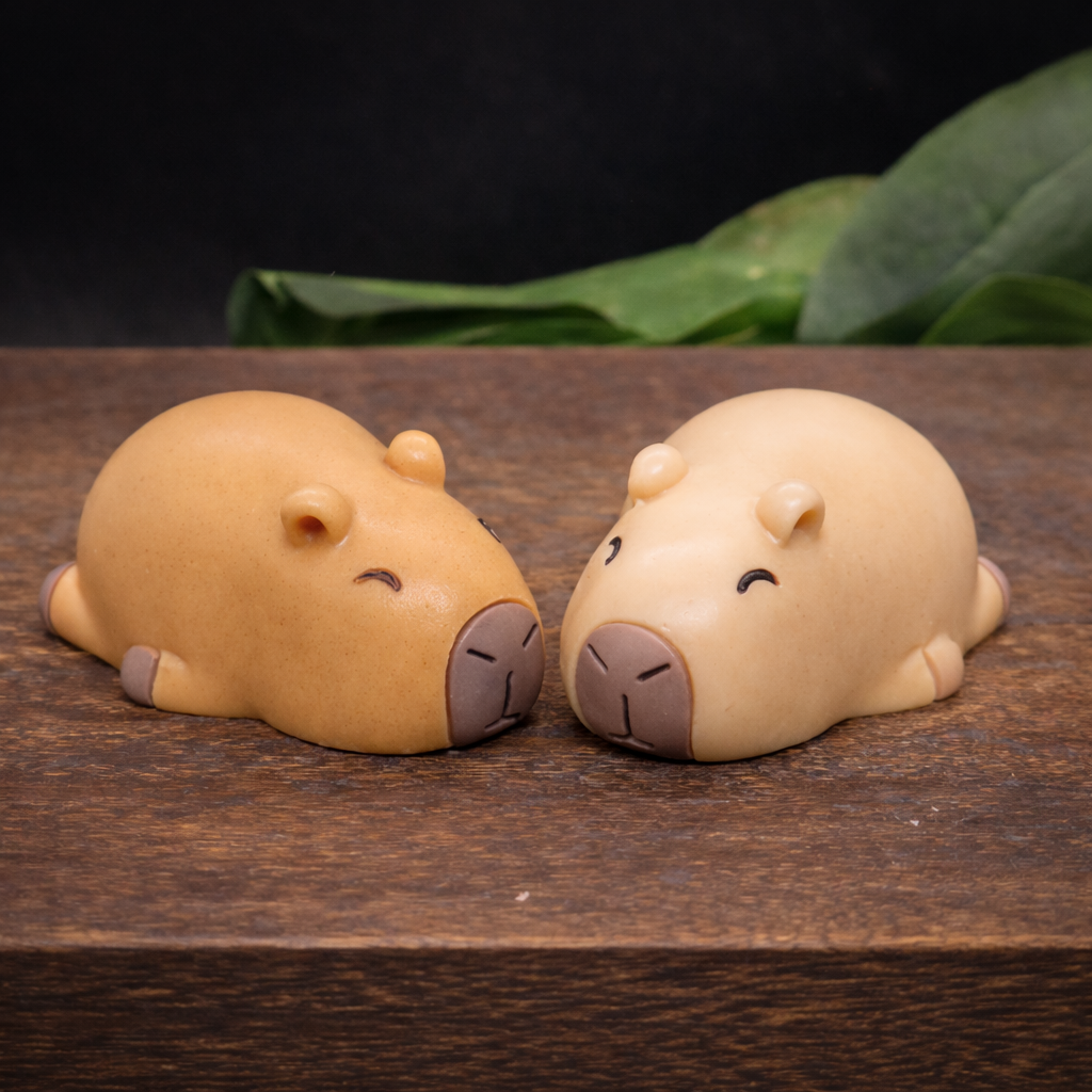Sleepy capybara soap duo on wooden box