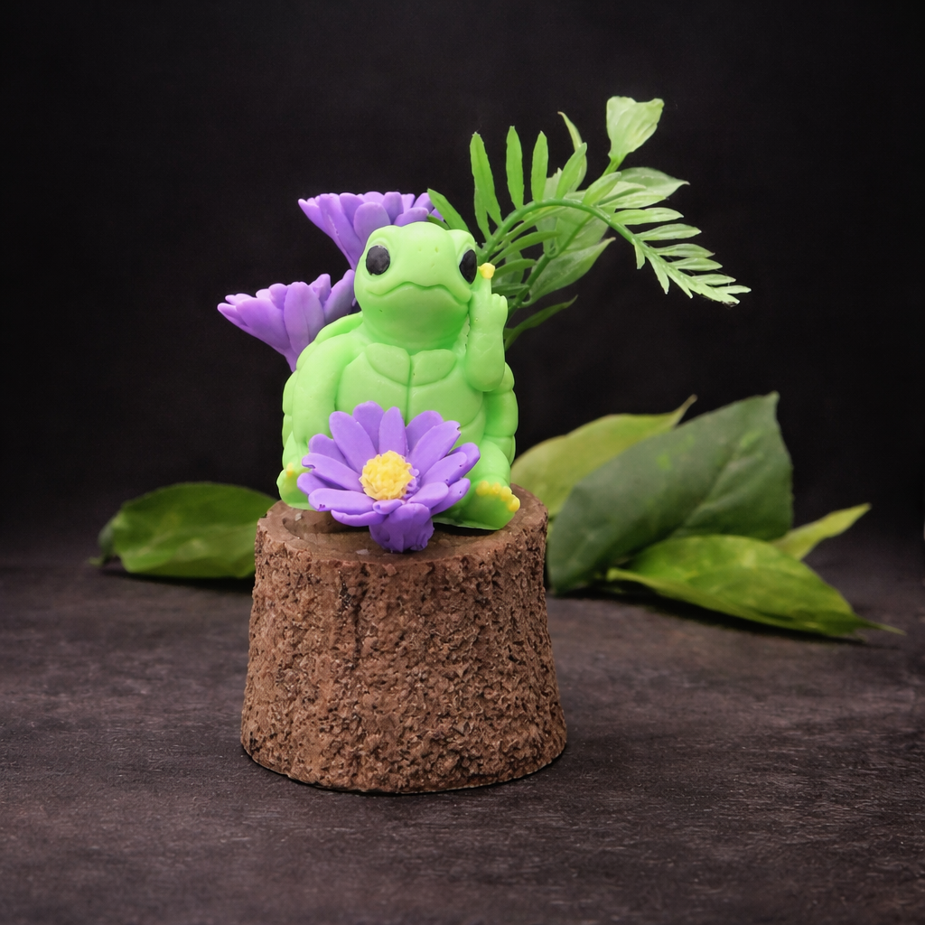 Soap set turtle  with middle finger up on stump surrounded by daisies fun gift