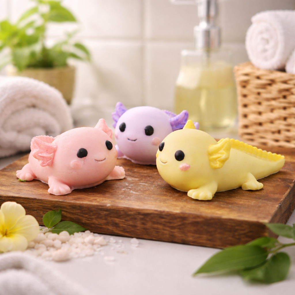 Three individually handcrafted axolotl goat milk soaps in pink, purple, and yellow styled on a wooden tray in a bright bathroom setting with towels and greenery