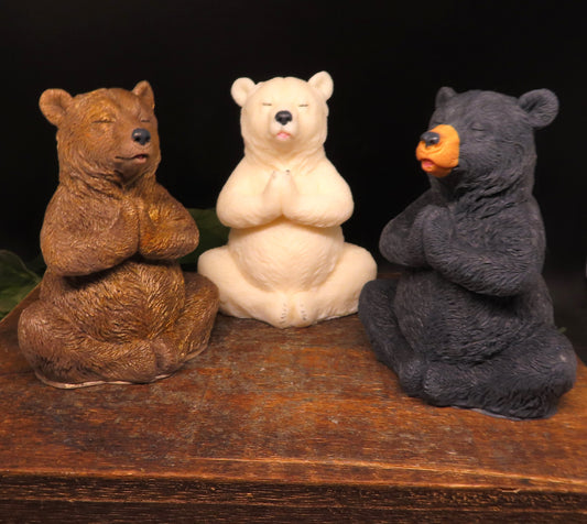 Three yoga bear goat milk soaps in prayer position