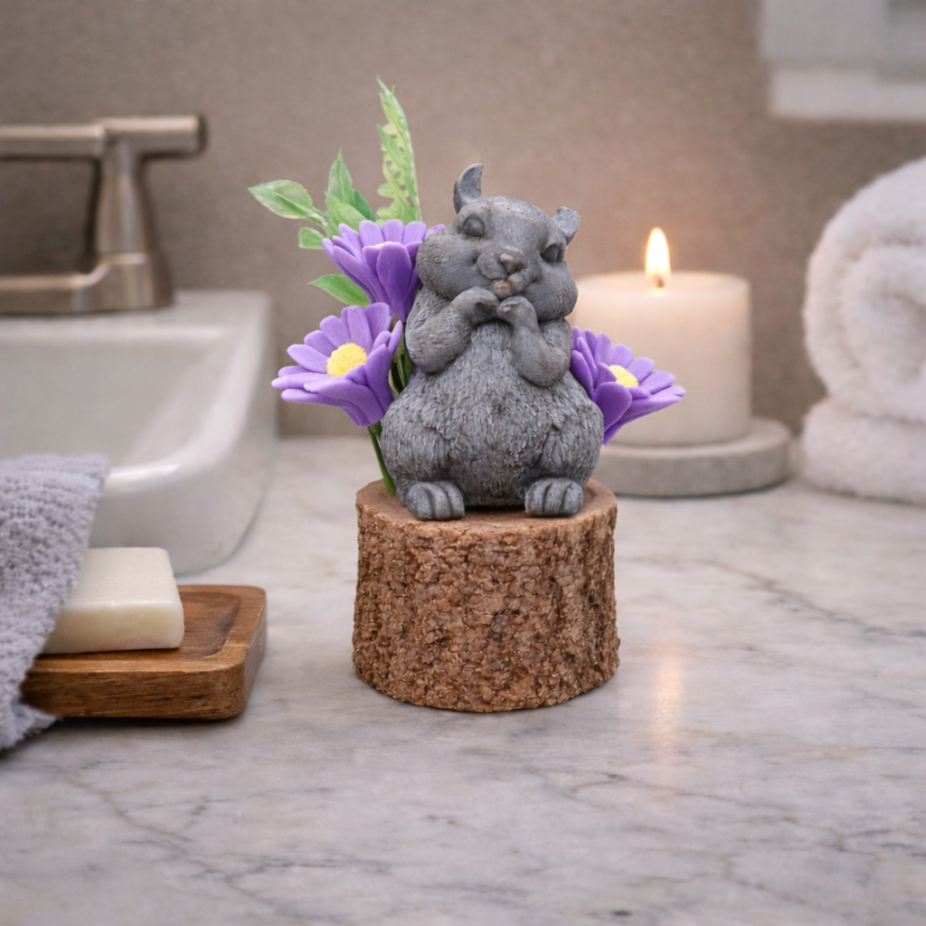 Woodland creature goat milk soap set with daisies arranged on a rustic soap stump, decorative keepsake display