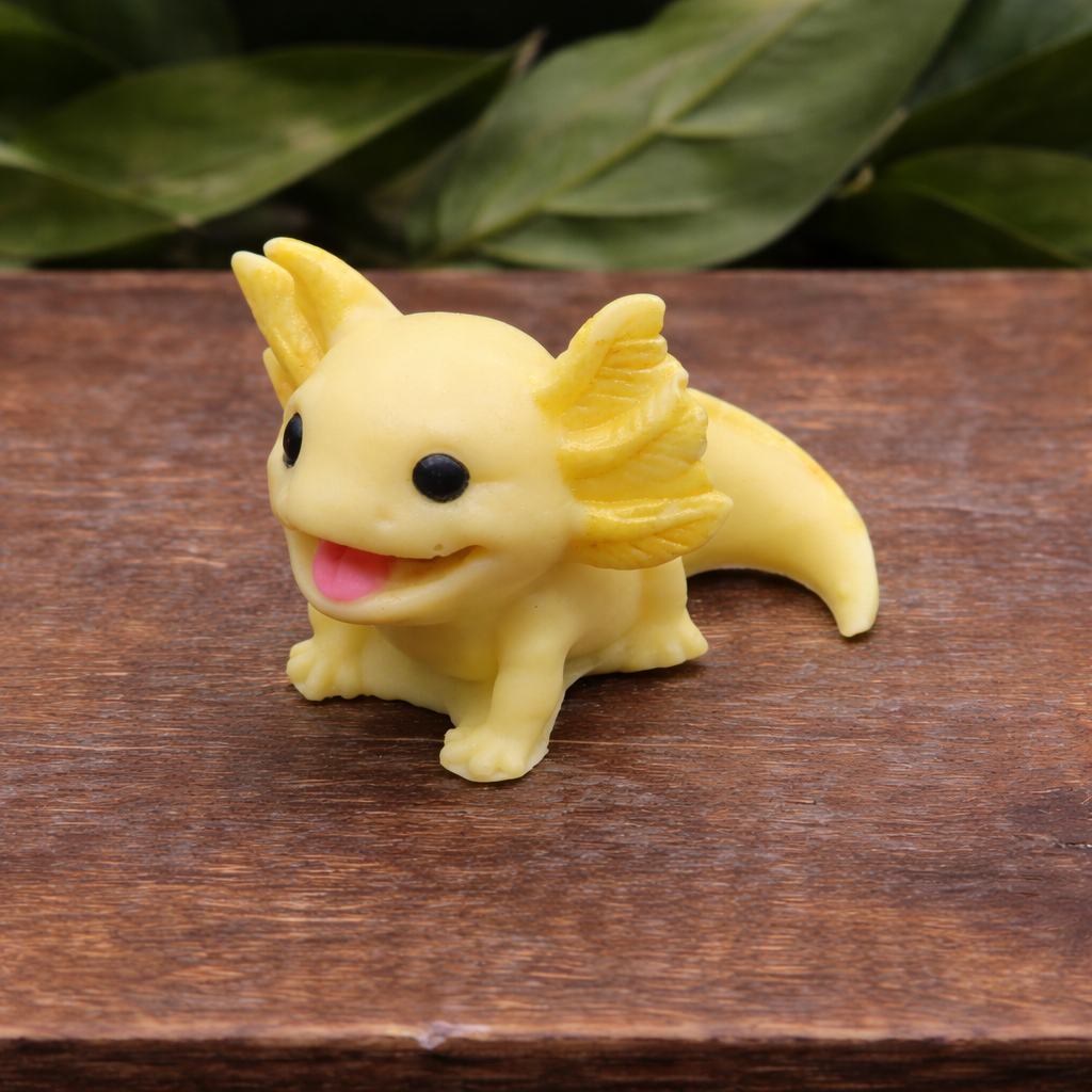 Yellow axolotl goat milk soap keepsake gift, individually handcrafted collectible animal soap displayed on a wooden box with natural greenery.
