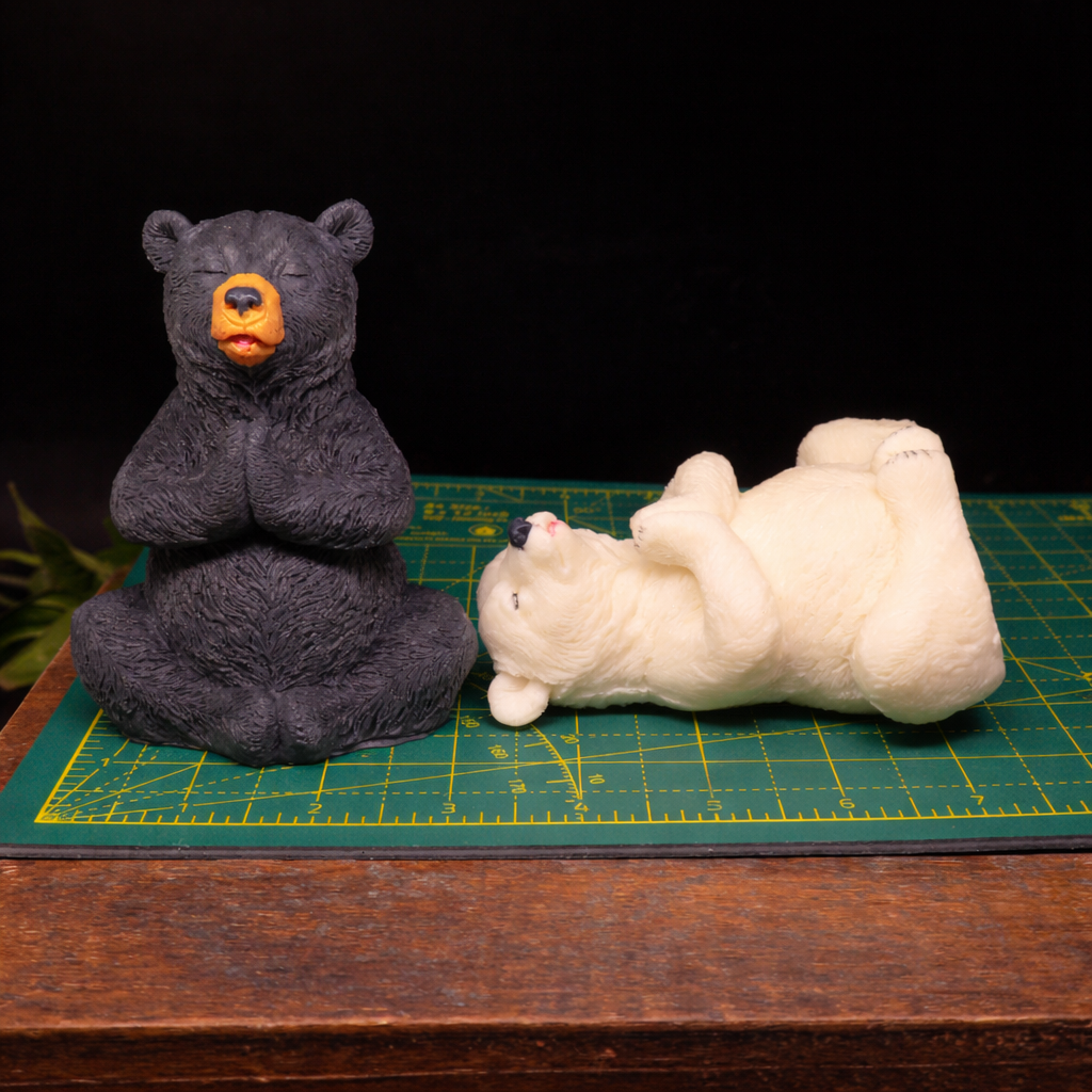 Zen meditating bears on cutting mat to show size handmade goat milk soap